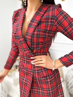 Czerwona Marynarkowa Sukienka w Kratę 11145-105-Q|Modna Kiecka Outlet