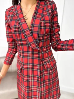 Czerwona Marynarkowa Sukienka w Kratę 11145-105-Q|Modna Kiecka Outlet