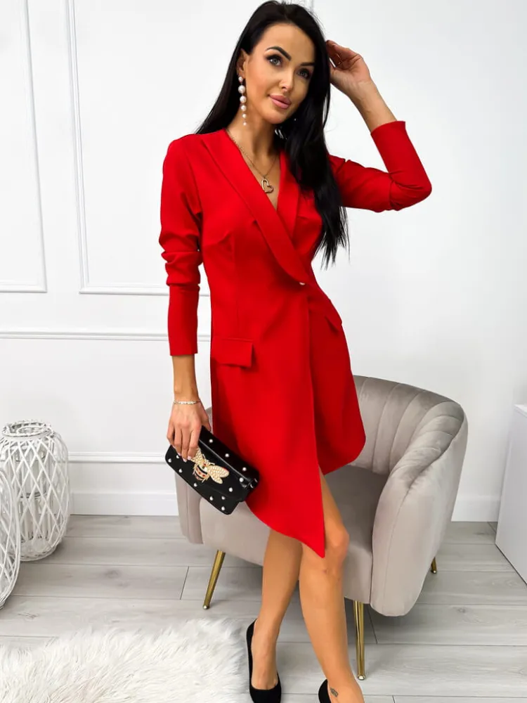 Czerwona Marynarkowa Sukienka 11195-351-B|Modna Kiecka Hot