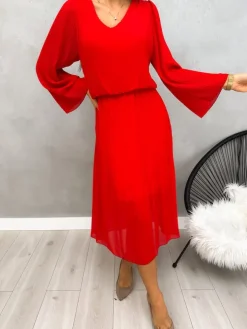 Czerwona Plisowana Sukienka Midi 13192-401-E|Modna Kiecka Online