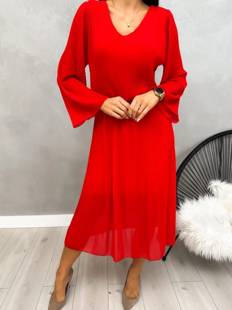 Czerwona Plisowana Sukienka Midi 13192-401-E|Modna Kiecka Online