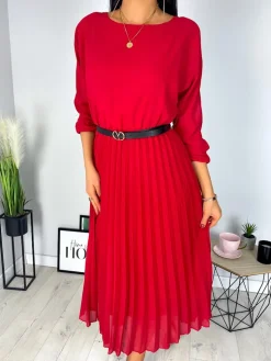 Czerwona Plisowana Sukienka z Paskiem 11651-57-D|Modna Kiecka Hot