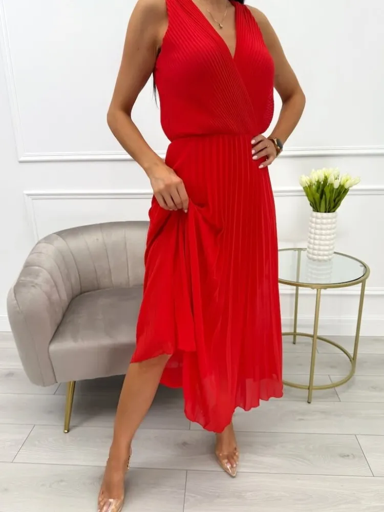 Czerwona Plisowana Sukienka z Kopertowym Dekoltem 13869-500-C|Modna Kiecka Outlet