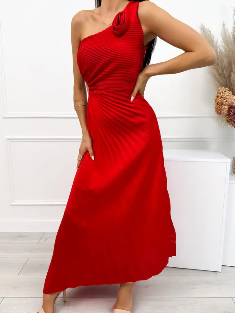 Czerwona Plisowana Sukienka Maxi z Ozdobą 12605-248-A|Modna Kiecka Outlet