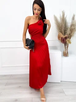 Czerwona Plisowana Sukienka Maxi z Ozdobą 12605-248-A|Modna Kiecka Outlet