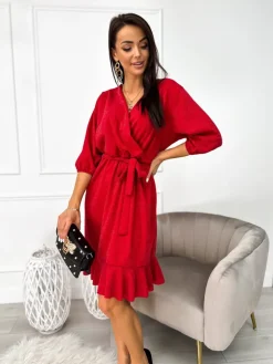Czerwona Połyskująca Sukienka z Paskiem 11047-213-E|Modna Kiecka Outlet
