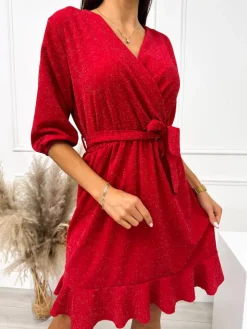 Czerwona Połyskująca Sukienka z Paskiem 9218-314-F|Modna Kiecka Discount
