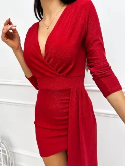 Czerwona Połyskująca Sukienka z Kopertowym Dekoltem 13319-138-B|Modna Kiecka Discount
