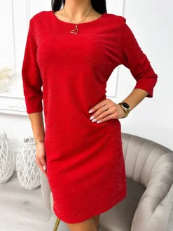 Czerwona Połyskująca Sukienka 11203-356-C|Modna Kiecka Outlet