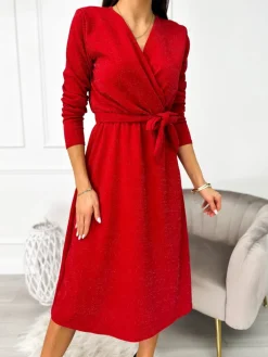 Czerwona Połyskująca Sukienka 11180-210-D|Modna Kiecka Fashion