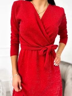 Czerwona Połyskująca Sukienka 11180-210-D|Modna Kiecka Fashion