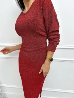 Czerwona Połyskująca Sukienka z Marszczeniem 13357-76-C|Modna Kiecka Hot