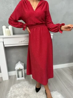 Czerwona Połyskująca Sukienka Midi 13413-511-C|Modna Kiecka Hot