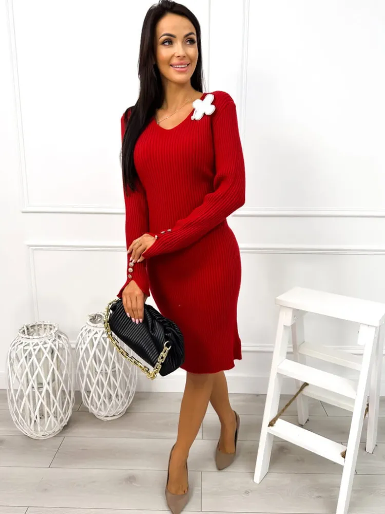 Czerwona Prążkowana Sukienka z Ozdobną Broszką 13032-162-D|Modna Kiecka Fashion