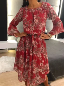 Czerwona Sukienka Hiszpanka w Kwiaty 11855-411-C|Modna Kiecka Online