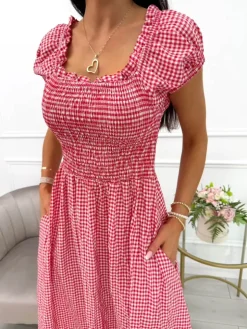 Czerwona Sukienka Hiszpanka w Kratkę 14102-502-B|Modna Kiecka Outlet