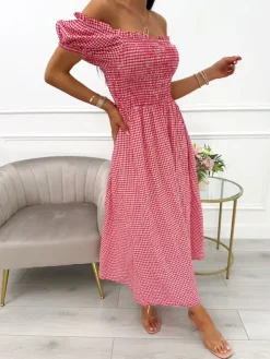 Czerwona Sukienka Hiszpanka w Kratkę 14102-502-B|Modna Kiecka Outlet