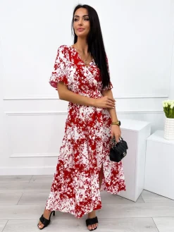 Czerwona Sukienka Maxi w Biały Wzór 12357-325-B|Modna Kiecka Best