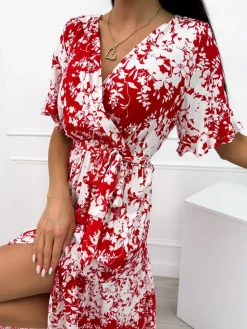 Czerwona Sukienka Maxi w Biały Wzór 12357-325-B|Modna Kiecka Best