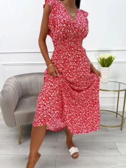 Czerwona Sukienka Maxi w Drobne Kwiatki 13930-55-C|Modna Kiecka Online