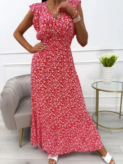 Czerwona Sukienka Maxi w Drobne Kwiatki 13930-55-C|Modna Kiecka Online