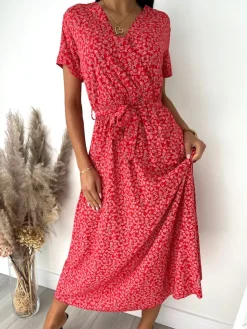 Czerwona Sukienka Maxi w Kwiaty 12080-11-A|Modna Kiecka Outlet