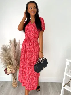Czerwona Sukienka Maxi w Kwiaty 12080-11-A|Modna Kiecka Outlet