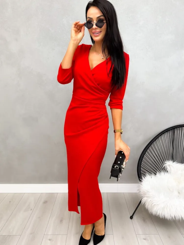 Czerwona Sukienka Maxi z Rozporkiem 13189-527-C|Modna Kiecka Outlet