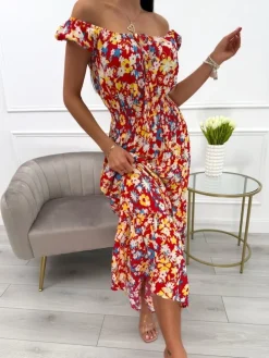 Czerwona Sukienka Maxi z Motywem Roślinnym 13925-212-B|Modna Kiecka Hot