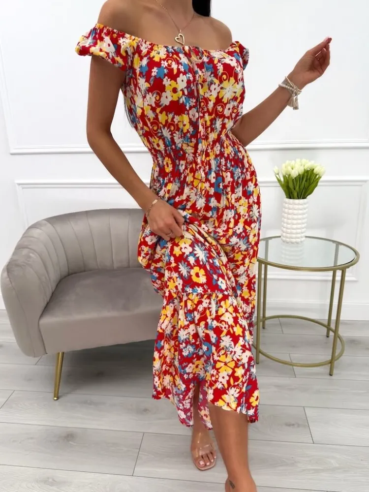 Czerwona Sukienka Maxi z Motywem Roślinnym 13925-212-B|Modna Kiecka Hot