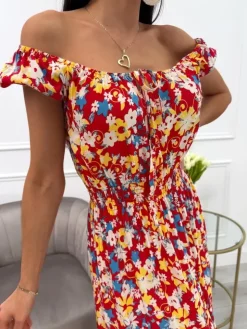Czerwona Sukienka Maxi z Motywem Roślinnym 13925-212-B|Modna Kiecka Hot