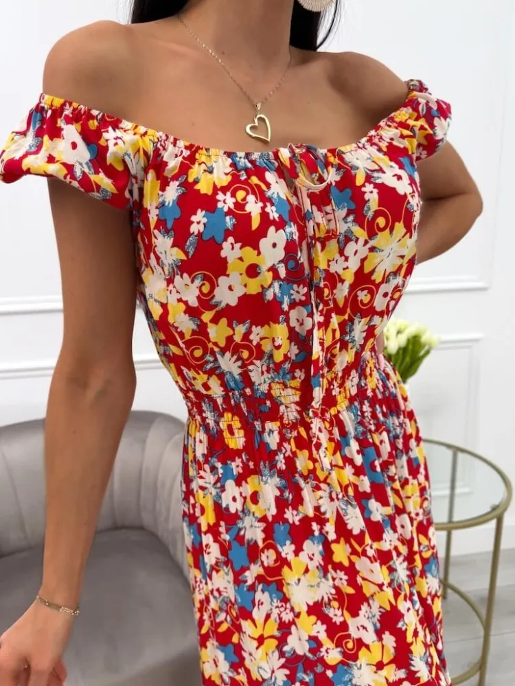 Czerwona Sukienka Maxi z Motywem Roślinnym 13925-212-B|Modna Kiecka Hot