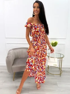 Czerwona Sukienka Maxi z Motywem Roślinnym 13925-212-B|Modna Kiecka Hot