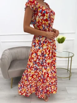 Czerwona Sukienka Maxi z Motywem Roślinnym 13925-212-B|Modna Kiecka Hot