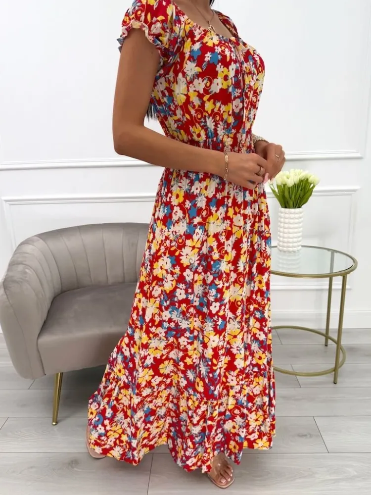 Czerwona Sukienka Maxi z Motywem Roślinnym 13925-212-B|Modna Kiecka Hot
