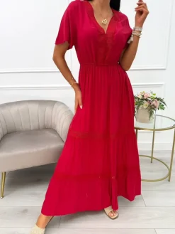 Czerwona Sukienka Maxi z Ozdobnym Haftem 14021-229-C|Modna Kiecka Clearance