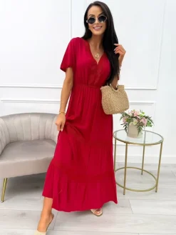 Czerwona Sukienka Maxi z Ozdobnym Haftem 14021-229-C|Modna Kiecka Clearance