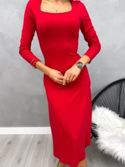 Czerwona Sukienka Midi 13201-242-B|Modna Kiecka Hot