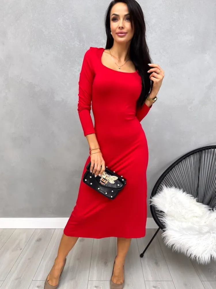 Czerwona Sukienka Midi 13201-242-B|Modna Kiecka Hot