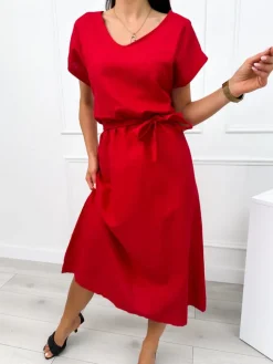 Czerwona Sukienka Midi z Paseczkiem 12496-198-C|Modna Kiecka Fashion