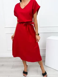 Czerwona Sukienka Midi z Paseczkiem 12496-198-C|Modna Kiecka Fashion