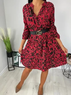 Czerwona Sukienka Oversize w Panterkę 11800-303-A|Modna Kiecka Hot