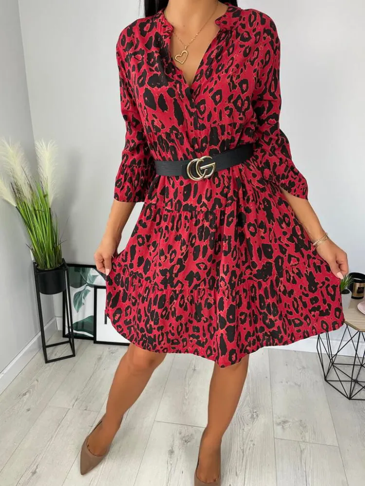 Czerwona Sukienka Oversize w Panterkę 11800-303-A|Modna Kiecka Hot