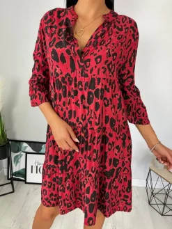Czerwona Sukienka Oversize w Panterkę 11800-303-A|Modna Kiecka Hot