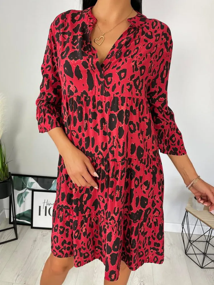 Czerwona Sukienka Oversize w Panterkę 11800-303-A|Modna Kiecka Hot