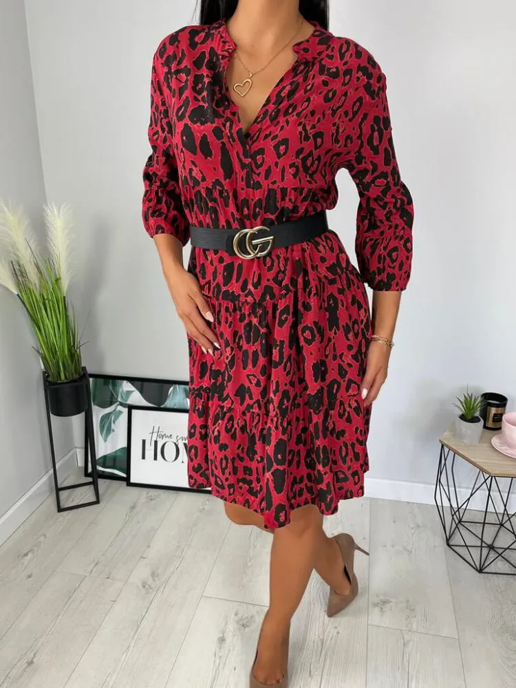 Czerwona Sukienka Oversize w Panterkę 11800-303-A|Modna Kiecka Hot