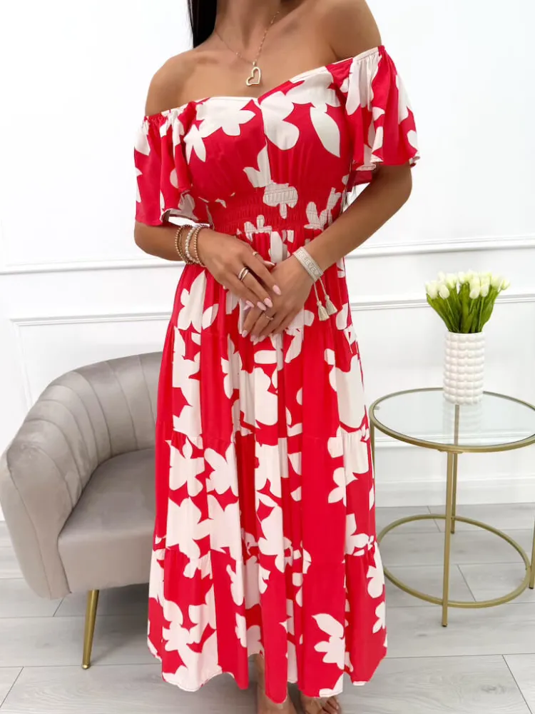 Czerwona Sukienka w Beżowy Wzór 14023-90-C|Modna Kiecka Discount