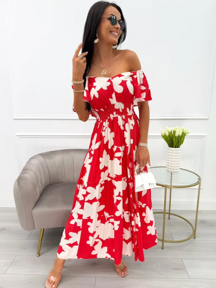 Czerwona Sukienka w Beżowy Wzór 14023-90-C|Modna Kiecka Discount
