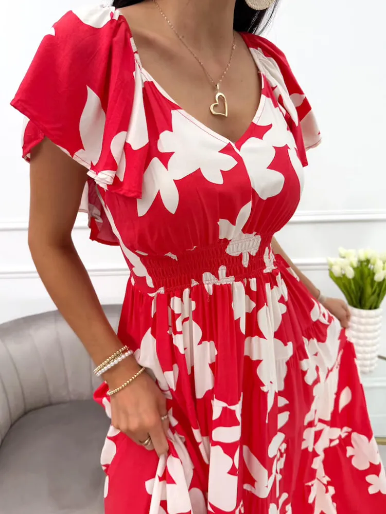 Czerwona Sukienka w Beżowy Wzór 14023-90-C|Modna Kiecka Discount