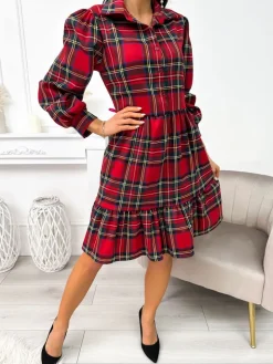 Czerwona Sukienka w Kratę z Falbankami 11319-122 11319-122-Q|Modna Kiecka Best